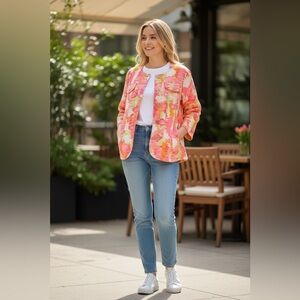 Lark Lane Patterned Pink Multi-Color Bouclé Jacket Size 16W Pink Green Orange